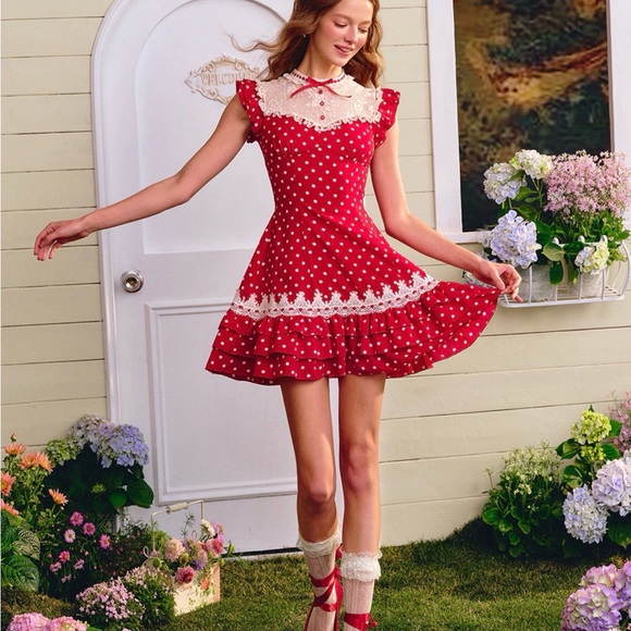 Lacemade Dresses & Skirts - Lacemade Nini Fairy Tale House Red Polka Dot Dress with Lace Trim Size Small
